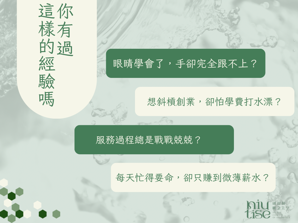 紐緹絲 Niutise 臉部護理教學文宣：台南一對一美容課程，包含無痛清粉刺技術、臉部撥筋手法、科學育膚管理與美容師創業實務培訓。