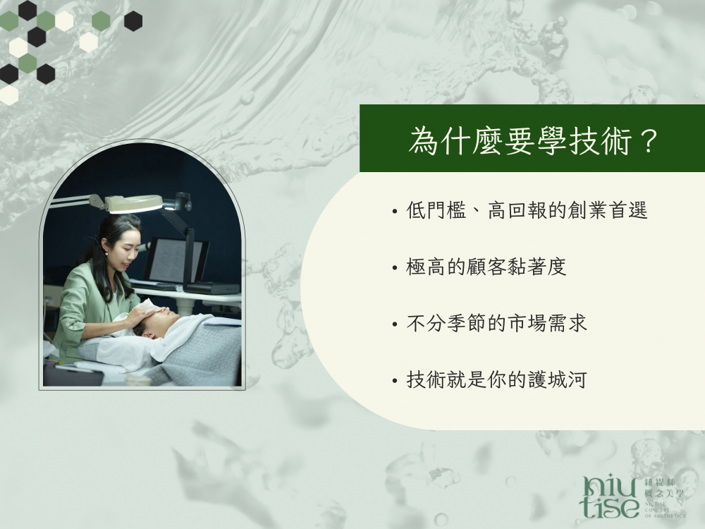 紐緹絲 Niutise 臉部護理教學文宣：台南一對一美容課程，包含無痛清粉刺技術、臉部撥筋手法、科學育膚管理與美容師創業實務培訓。