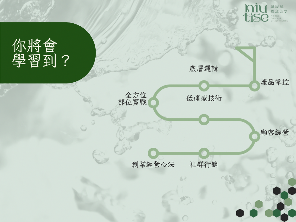 紐緹絲 Niutise 臉部護理教學文宣：台南一對一美容課程，包含無痛清粉刺技術、臉部撥筋手法、科學育膚管理與美容師創業實務培訓。